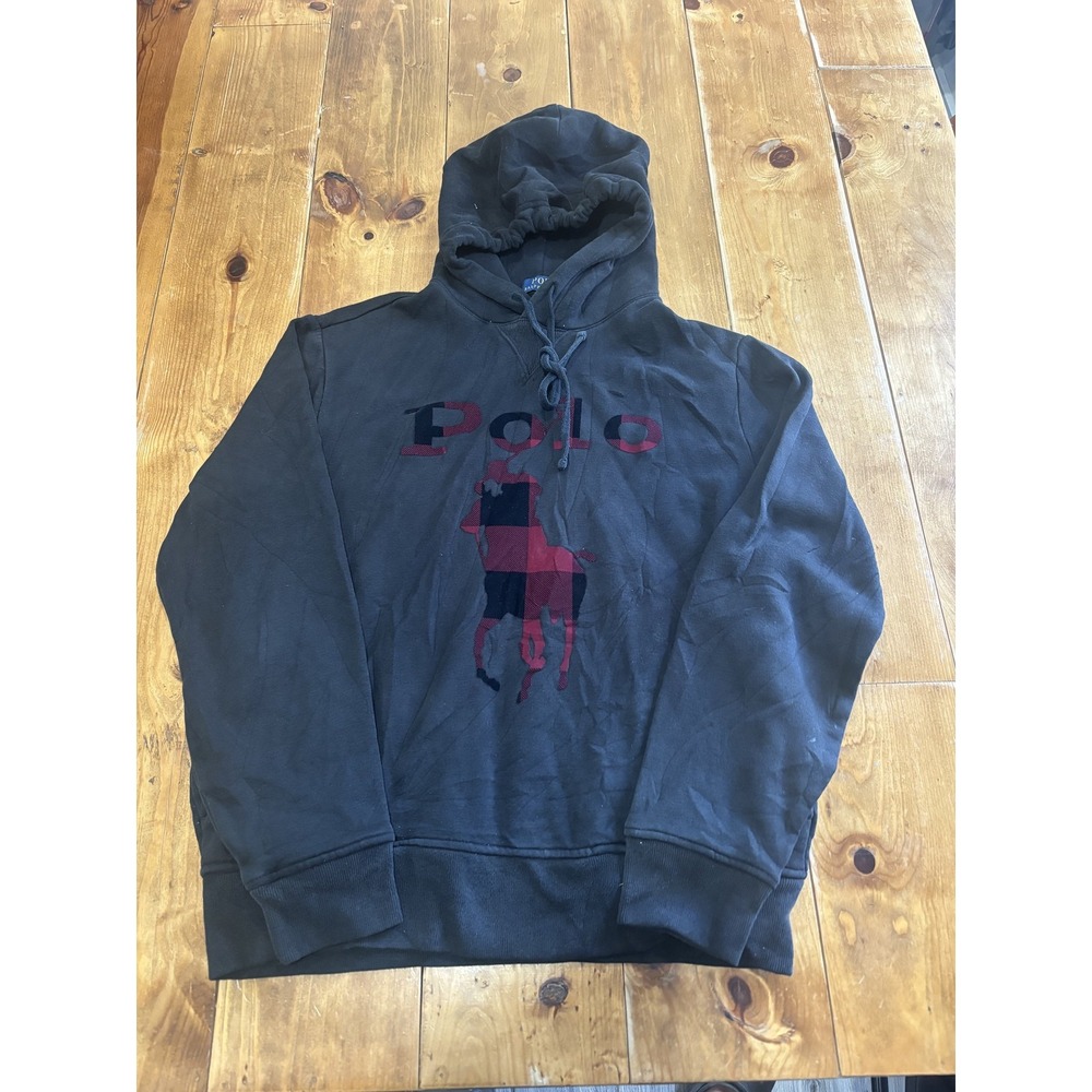 Polo Ralph Lauren Men's Black Buffalo Plaid Big Pony Logo Pullover Hoodie M